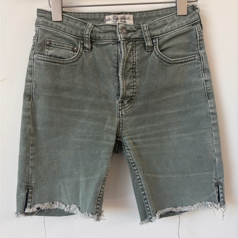 Free People Green Denim Cutoff Shorts Size 24 | Distressed Festival Summer